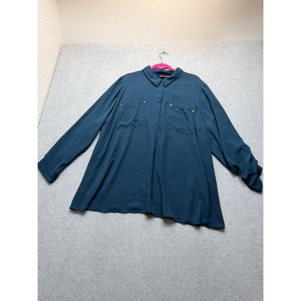 Lane Bryant Womens 26/28 Teal Green Button Down Blouse Gold Stud Pockets Top